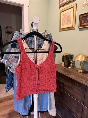 Abercrombie & Fitch Rose Red Eyelet Lace-Up Cropped Tank